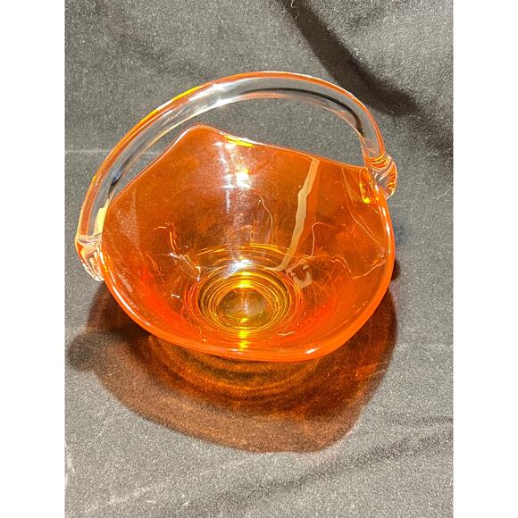 Hand Blown Viking Glass MCM Orange Basket With Clear Handle - Picture 2 of 6